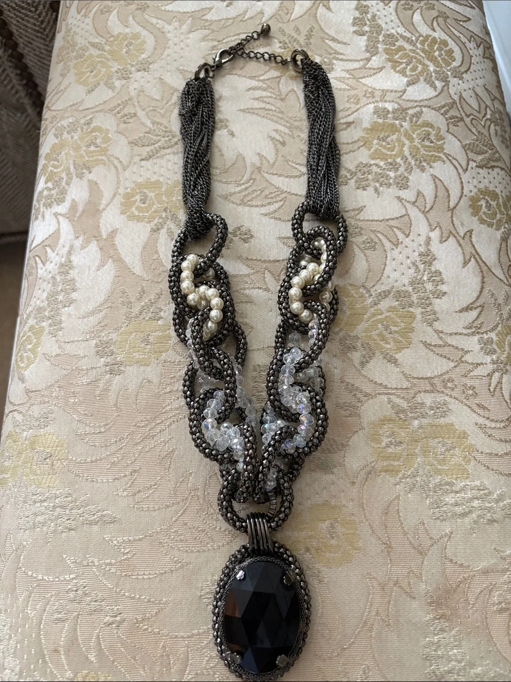 Tracy Lynn Statement Gunmetal Chain Necklace w/Black Pendant and Pearl Accents